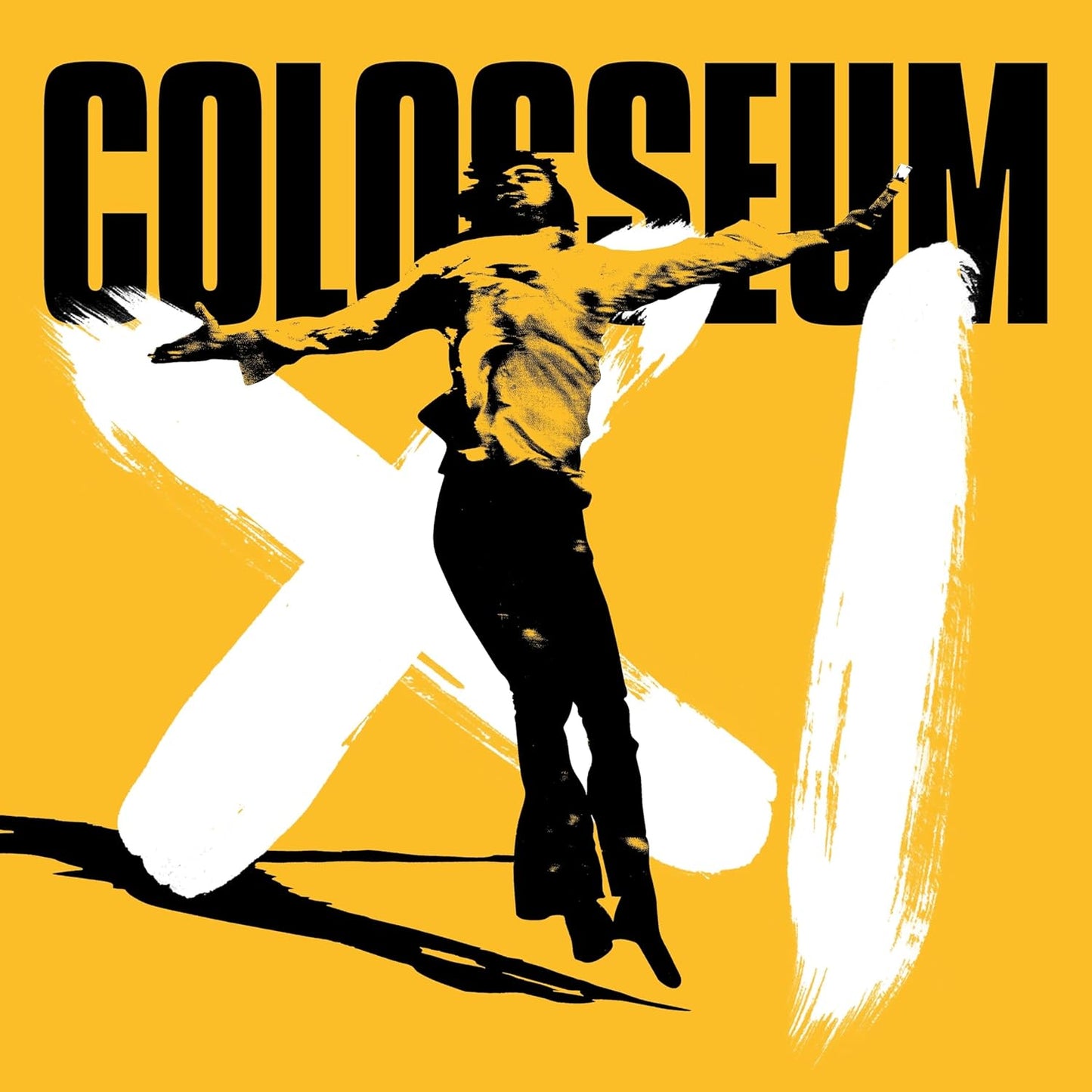 A man jumping against a yellow background with large white brushstrokes and black text.