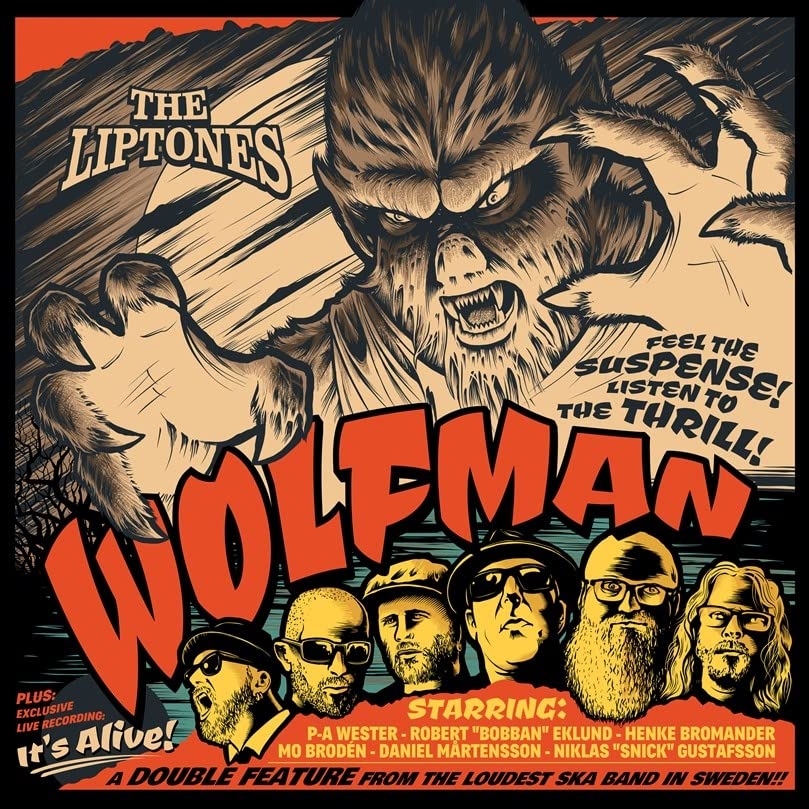 Vintage-style vinyl record cover for "Wolfman" by The Liptones, featuring a werewolf.
