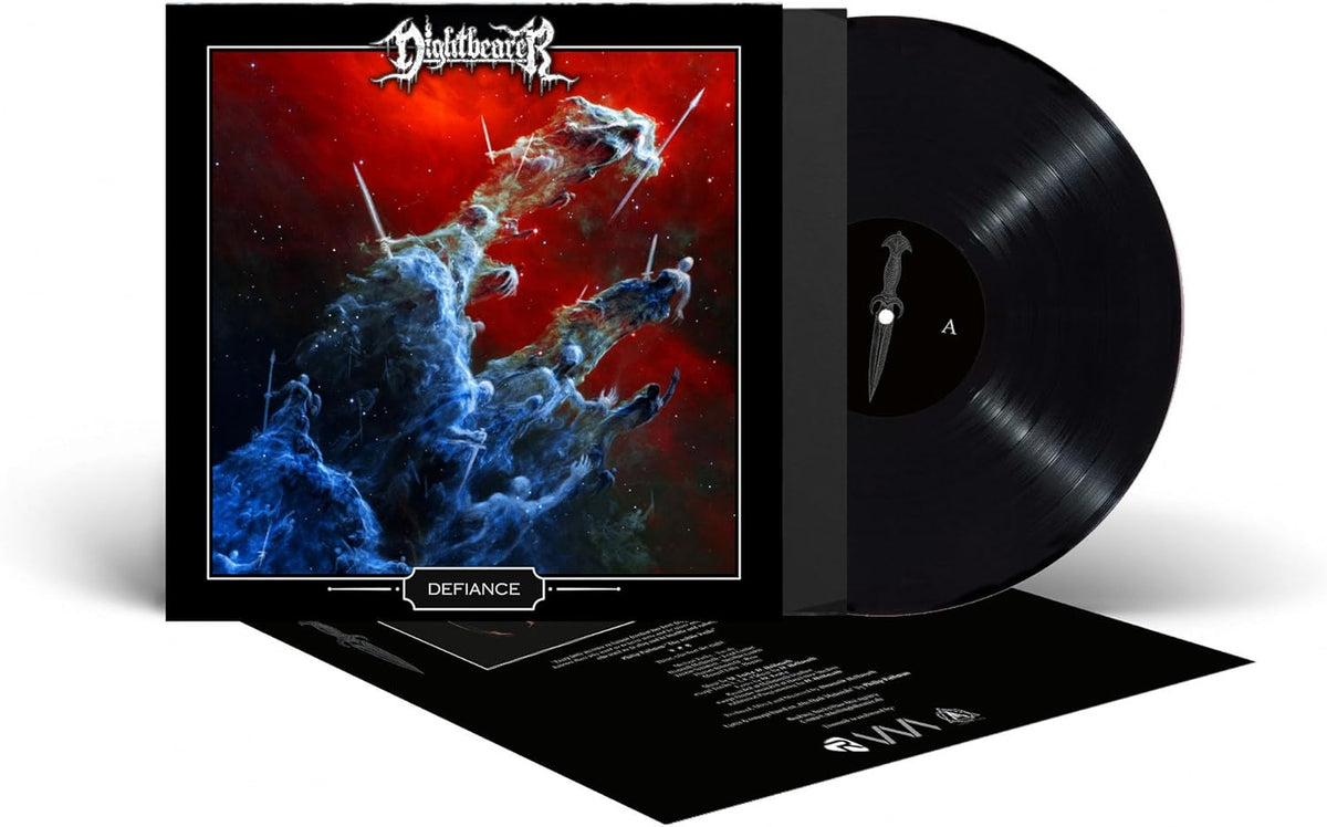 Nightbearer "Defiance" vinyl record with cosmic artwork and a dagger symbol.