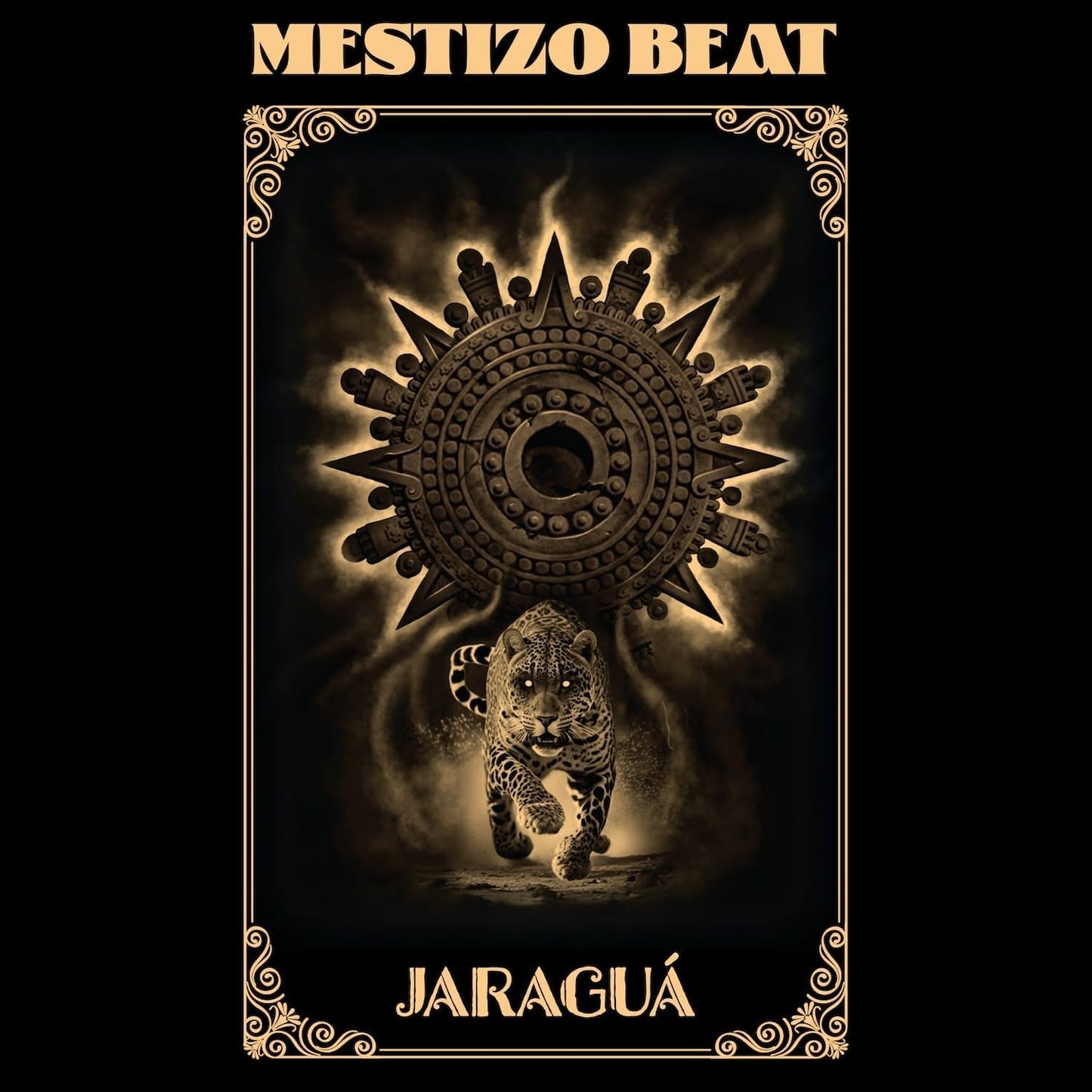 Vinyl record cover: Aztec sun, jaguar, and ornate gold frame on black.