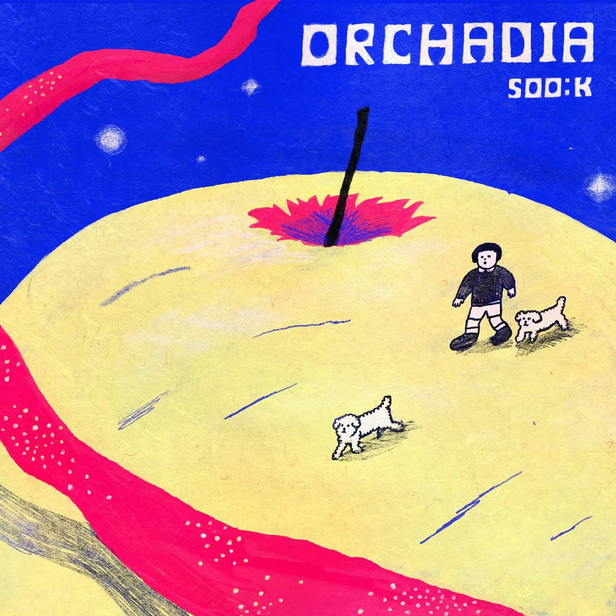 Album cover for Soo:k’s “Orchadia” featuring illustrated landscape and figures.