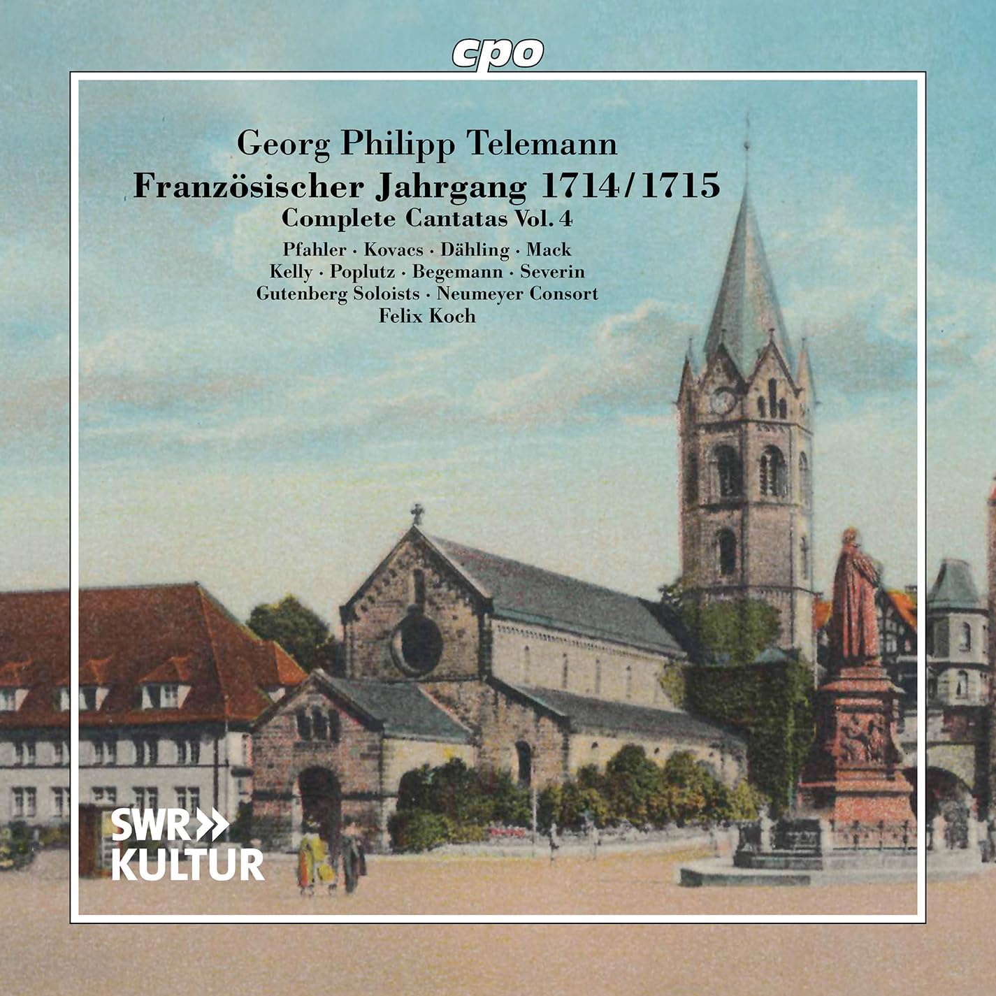 CD cover: Baroque church illustration with text – Telemann cantatas, volume 4.