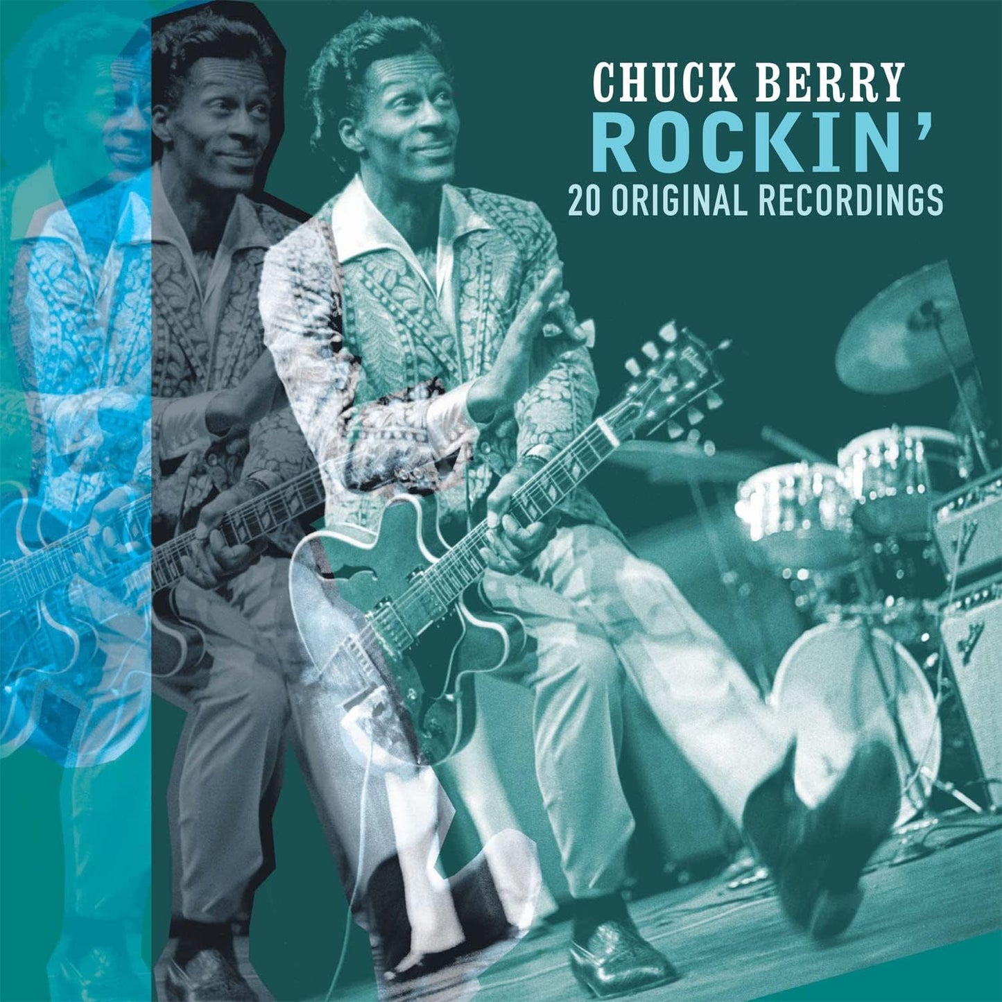 Chuck Berry playing guitar on album cover, teal and blue tones.