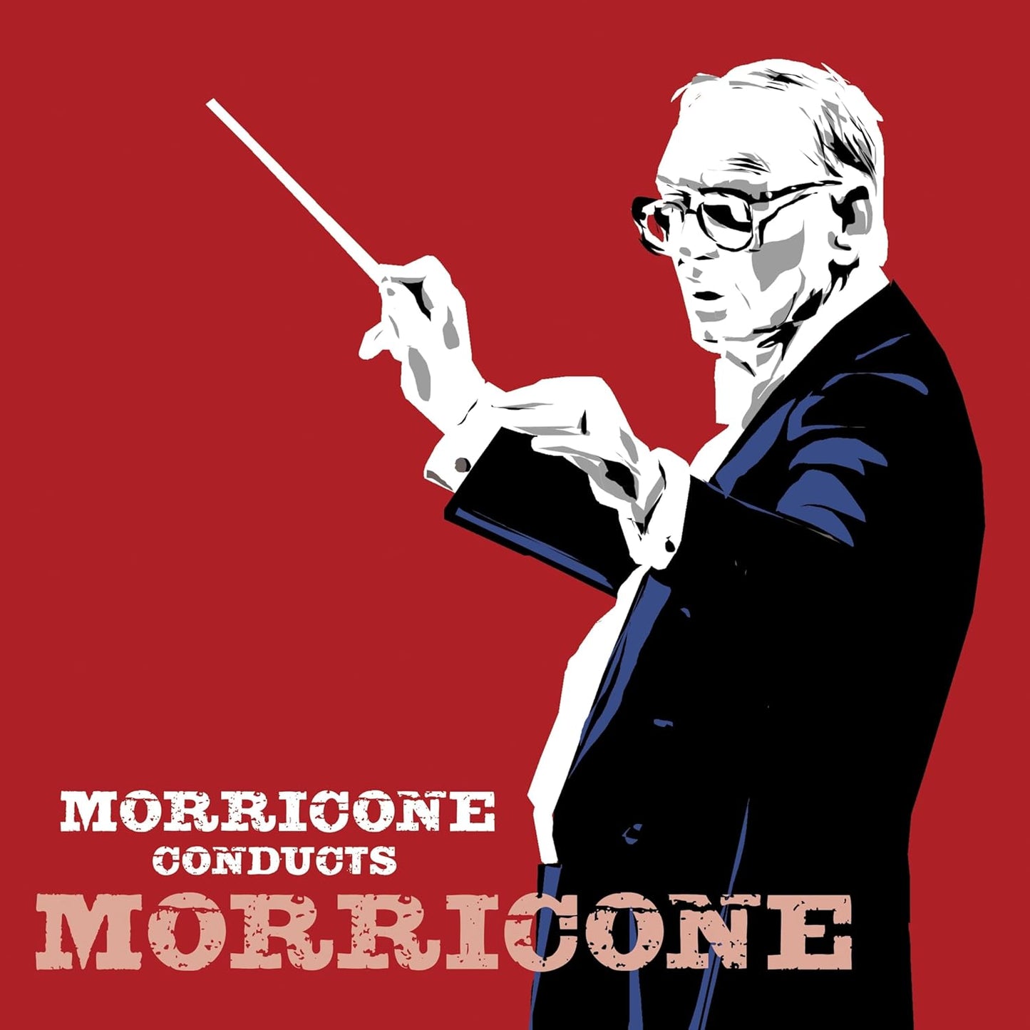Stylized portrait of Ennio Morricone conducting, red background, album cover.