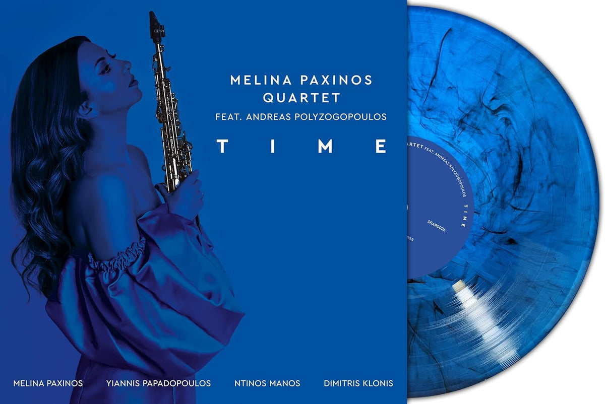 Blue marble vinyl record featuring Melina Paxinos and a portrait.
