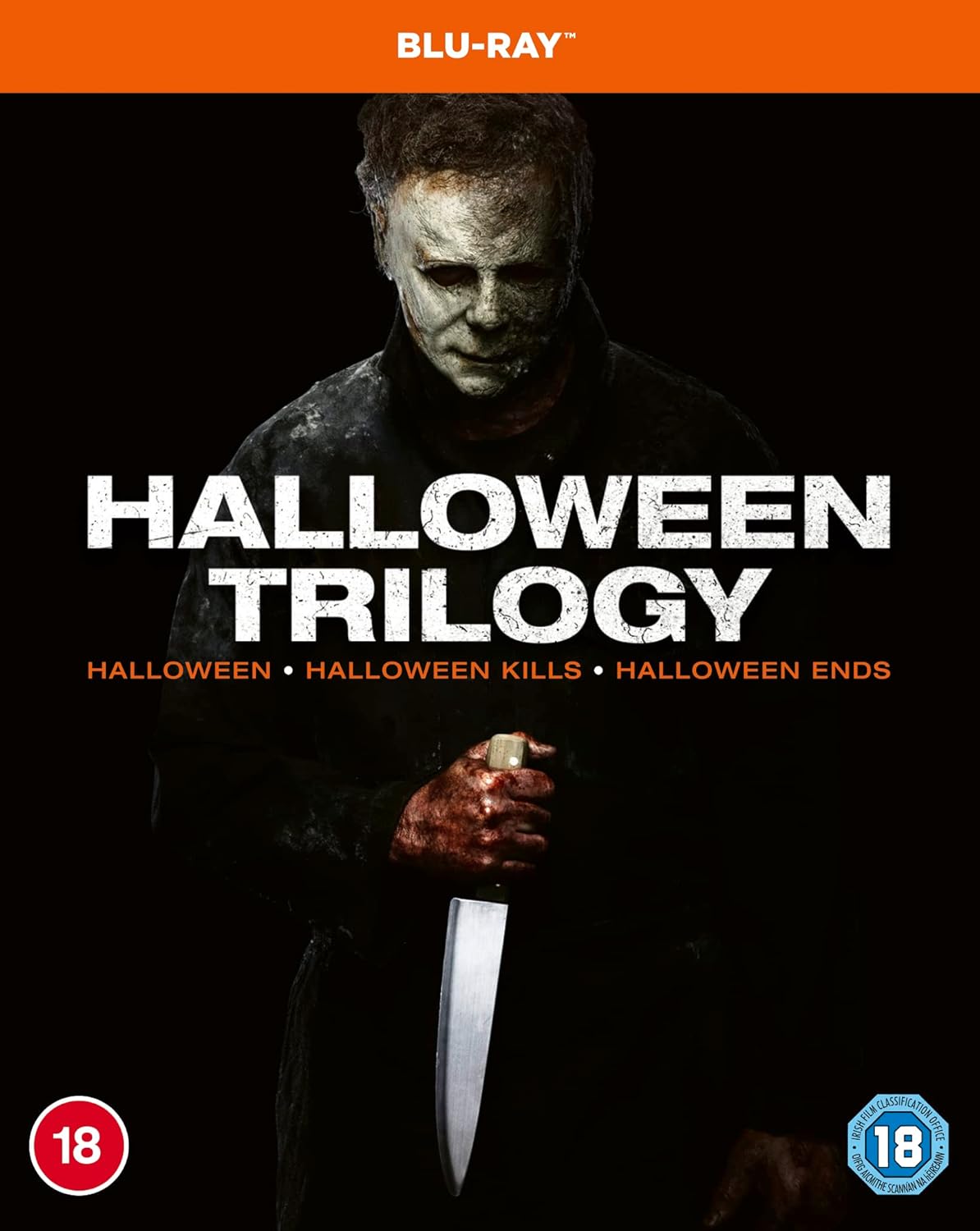 Halloween trilogy Blu-ray cover featuring Michael Myers with a knife.