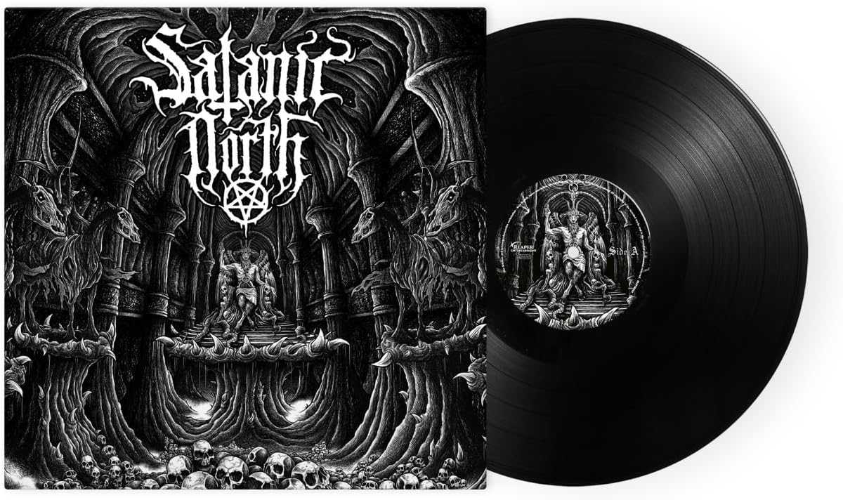 Black vinyl record with ornate, dark artwork featuring skulls and gothic figures.