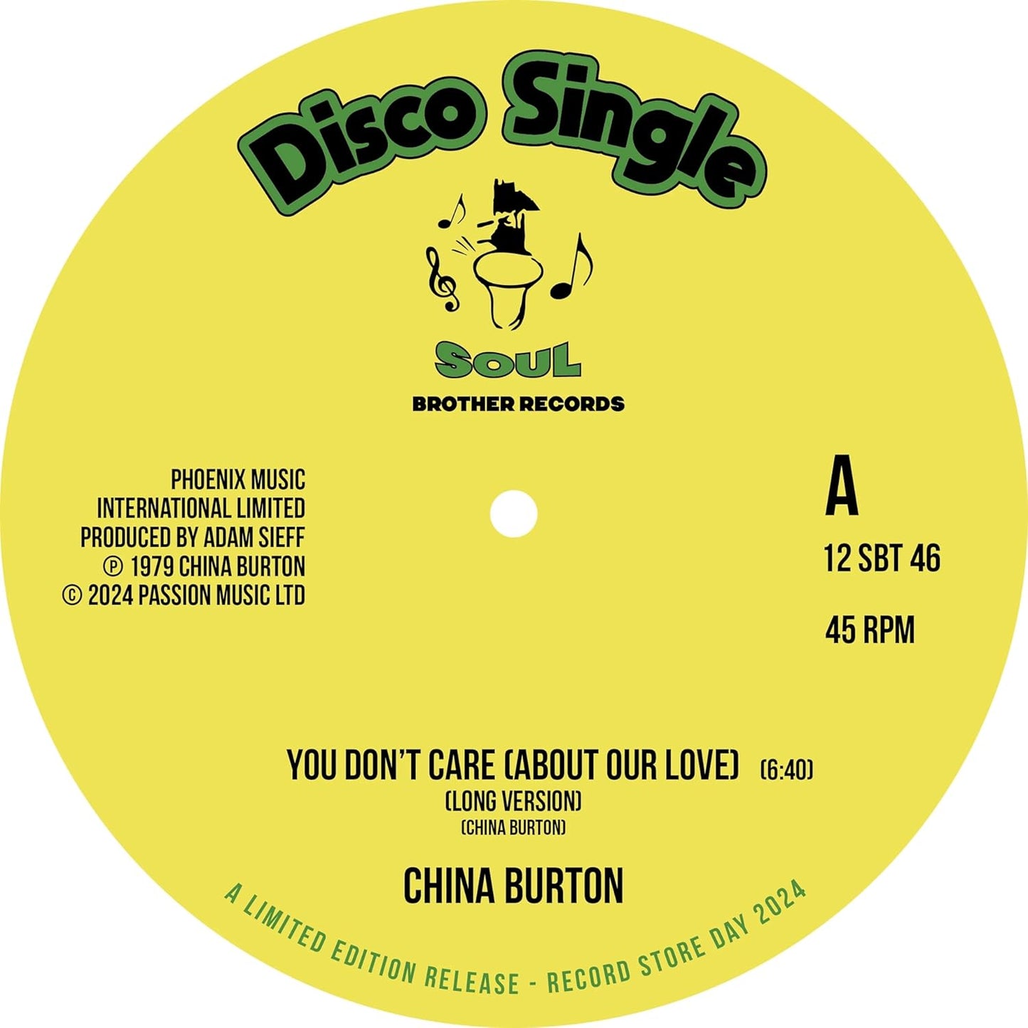 A 12-inch vinyl record sleeve featuring China Burton, You Don't Care text, and artwork.