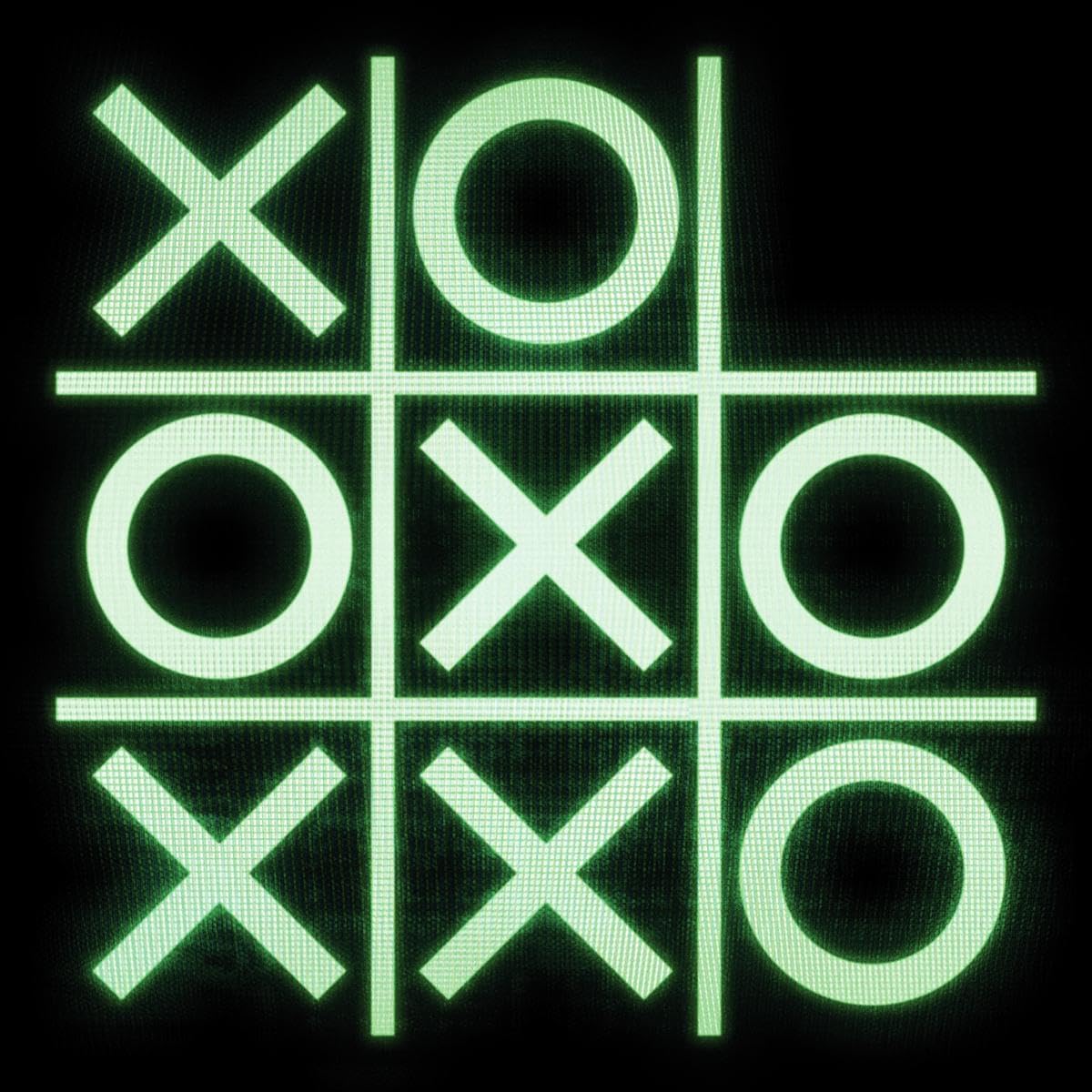Tic-tac-toe board with glowing green X’s and O’s on a black background.