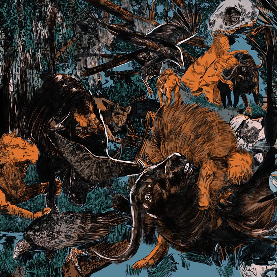 Illustration of animals in a dense, stylized forest with skulls.