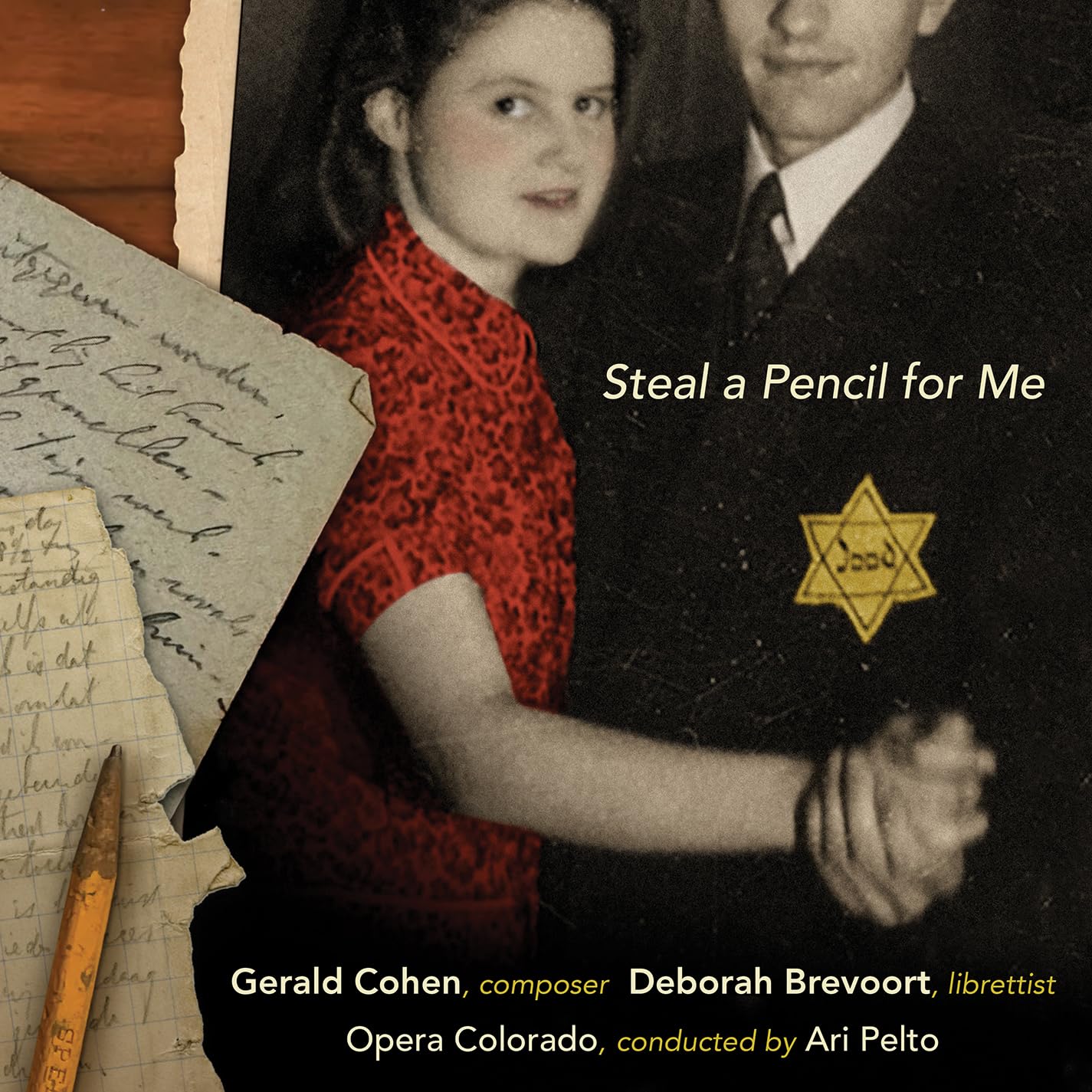 Black and white photo of a couple, with handwritten letters and a yellow pencil.