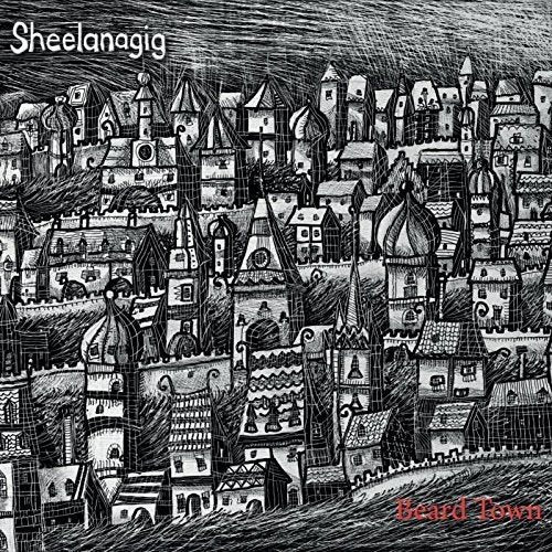 Black and white illustration of a densely packed, whimsical town.