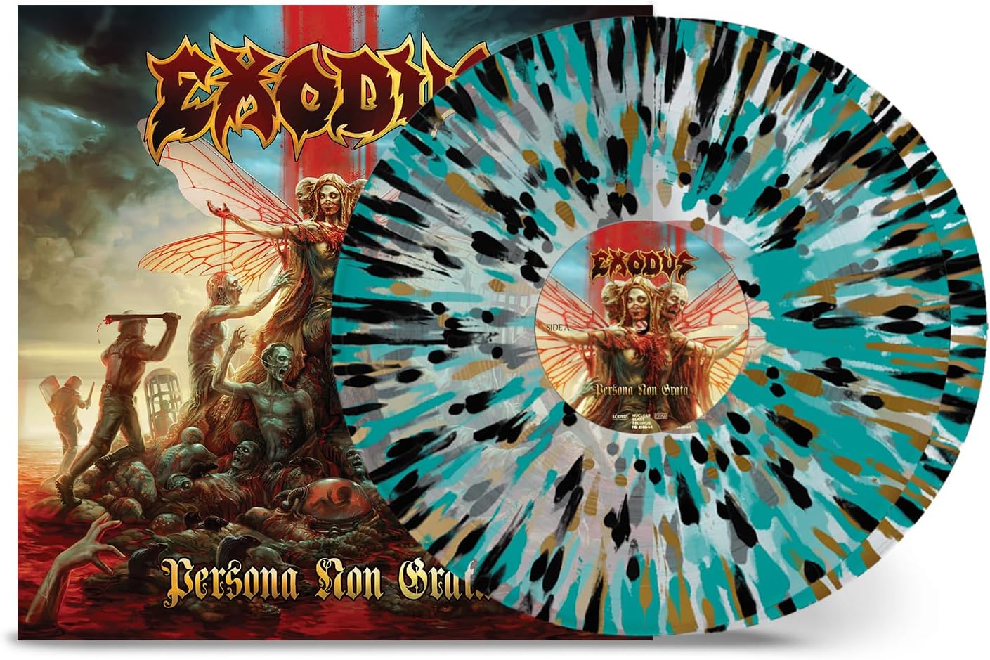 Exodus Persona Non Grata vinyl record with teal, black, and white splatter pattern.