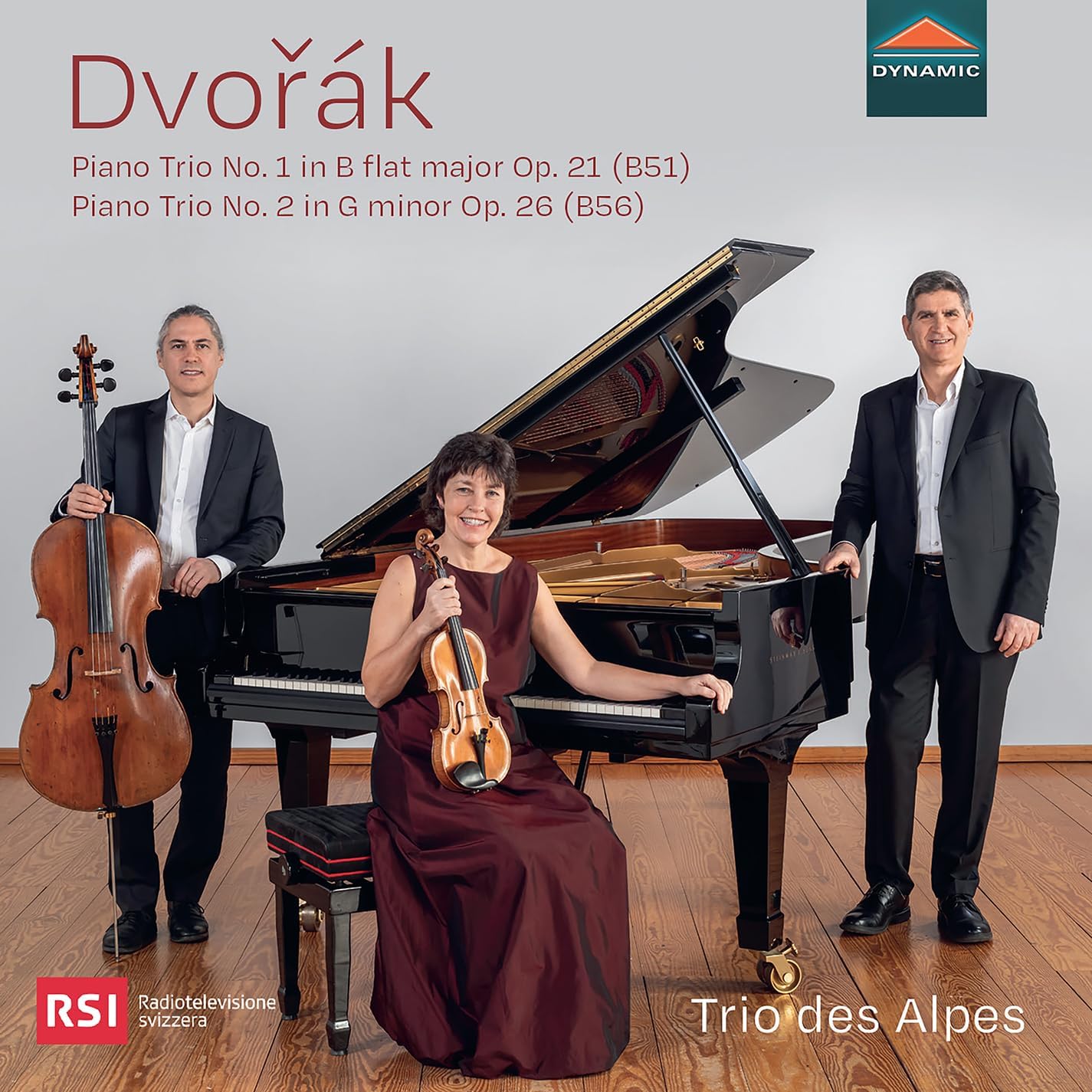 Trio des Alpes performing Dvorak piano trios with cello, violin, and piano.