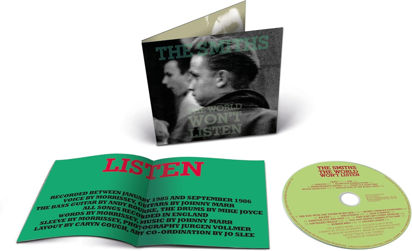 CD case for The Smiths’ “The World Won’t Listen” album, black and white photo.