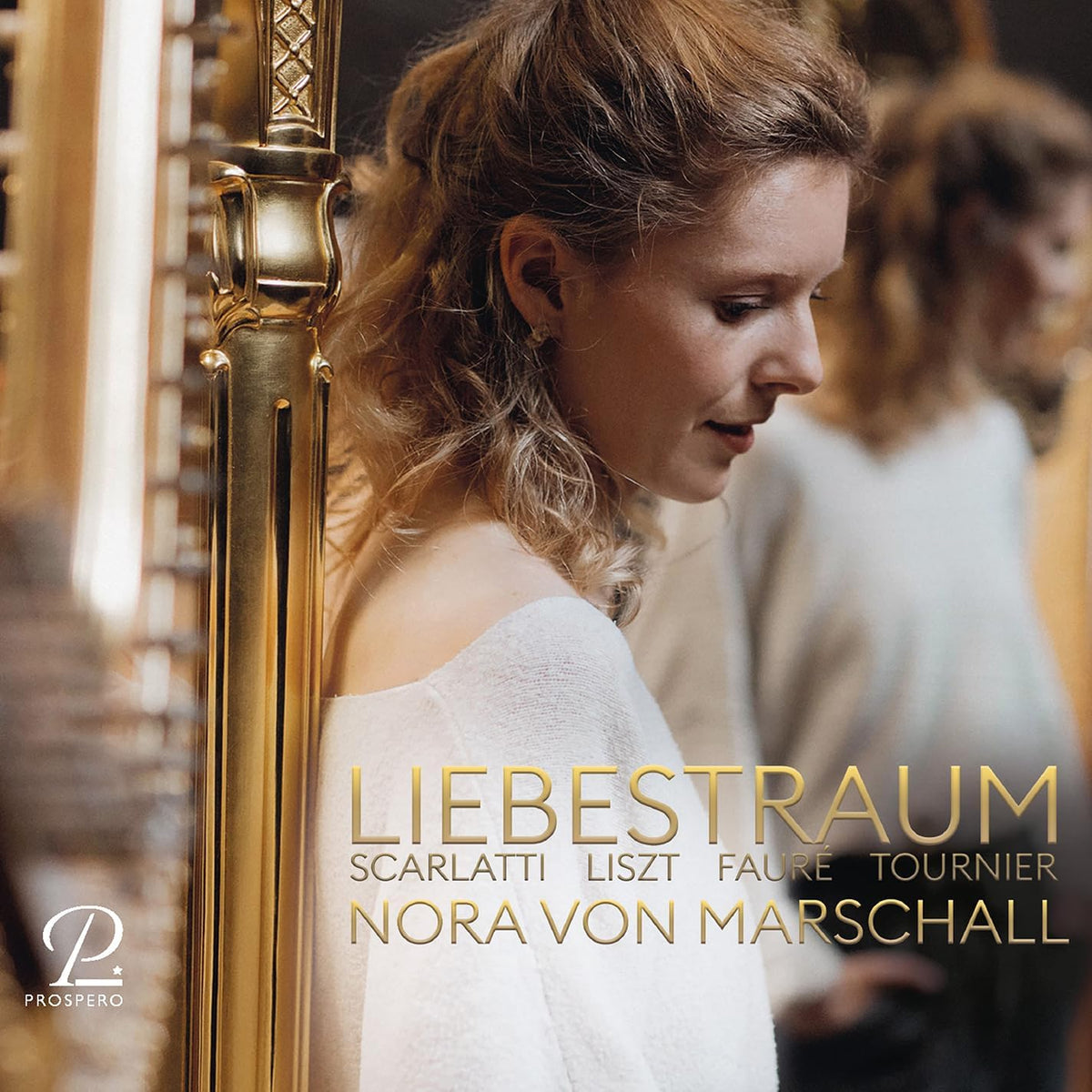 Woman playing a harp, album cover for Nora Von Marschall’s “Liebestraum.”