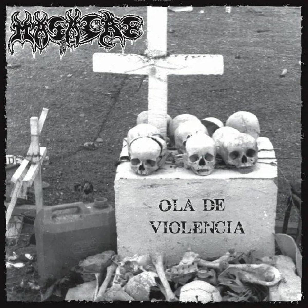 Black and white album cover with skulls, a cross, and text.