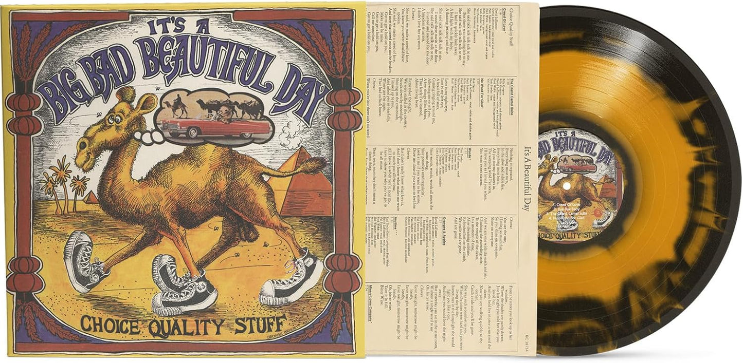 Vinyl record cover with a cartoon camel and orange/black sunburst disc.
