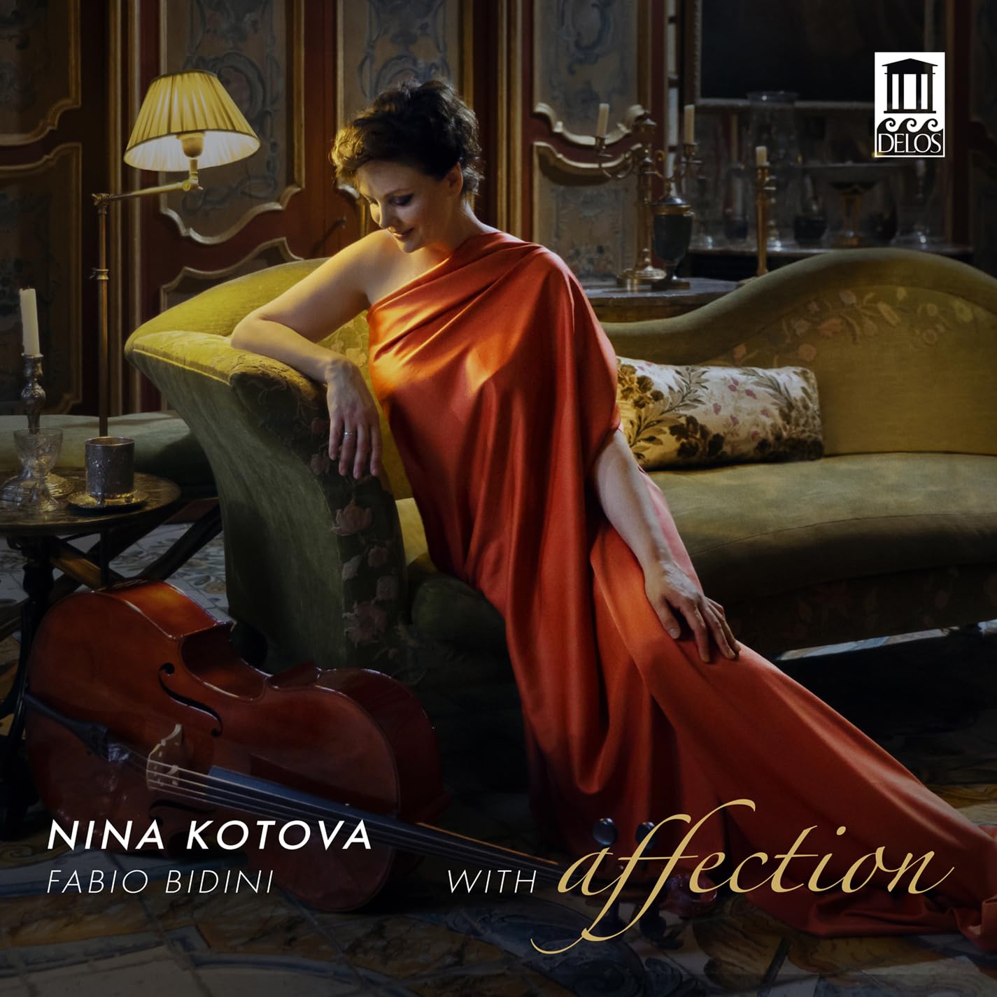 Woman in red dress with cello, album cover for “With Affection.”