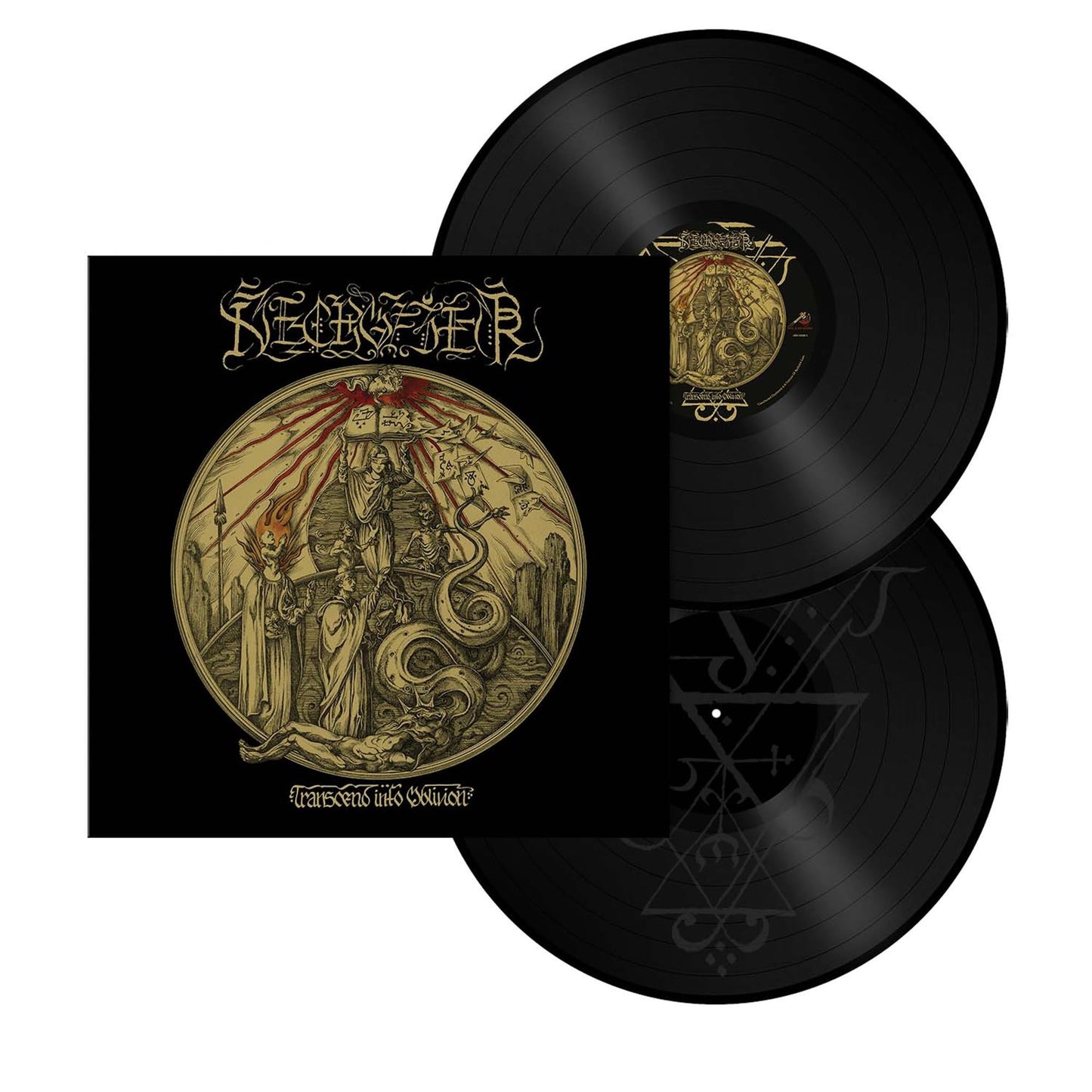 Two black vinyl records with ornate, gothic-style artwork depicting figures and symbols.