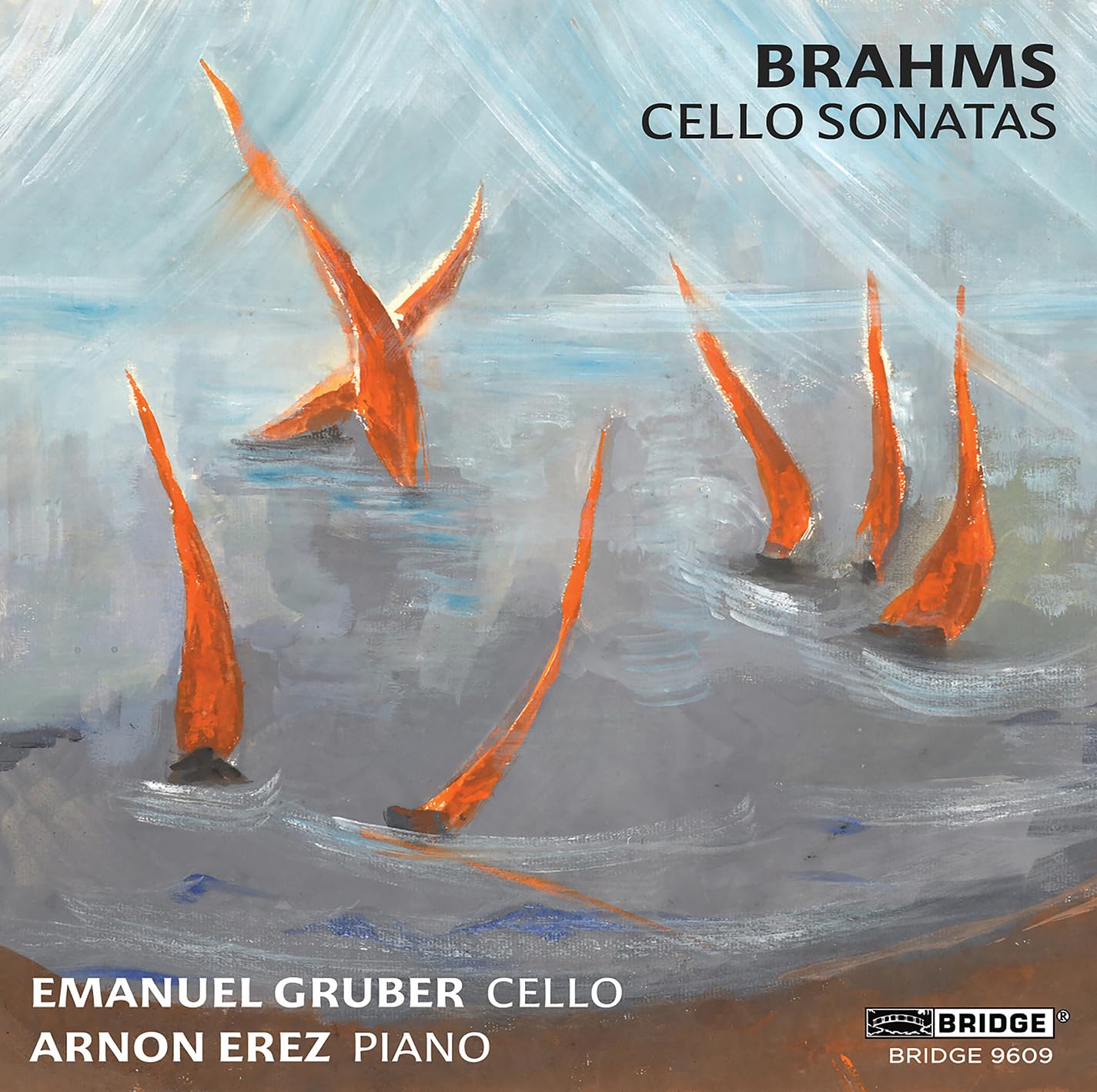 CD cover for Brahms Cello Sonatas featuring abstract orange shapes and text.