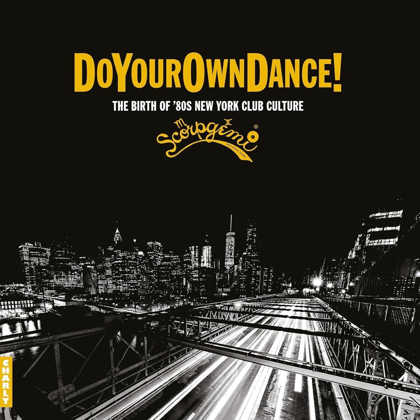 Vinyl record cover with yellow text, Scorpgemi logo, and New York skyline.