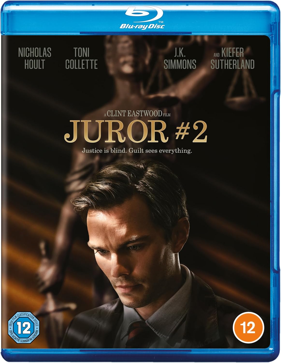 Blu-ray cover for Juror #2 featuring Nicholas Hoult and a Lady Justice statue silhouette.