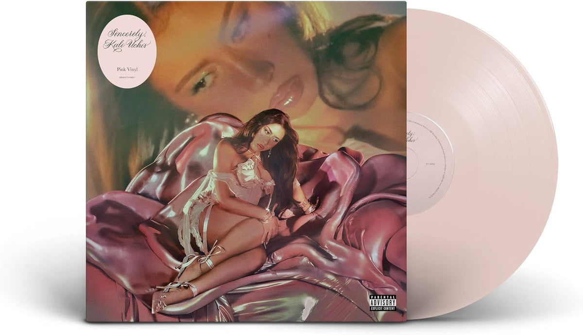 Sincerely" vinyl record by Kali Uchis, featuring a pink cover and record.