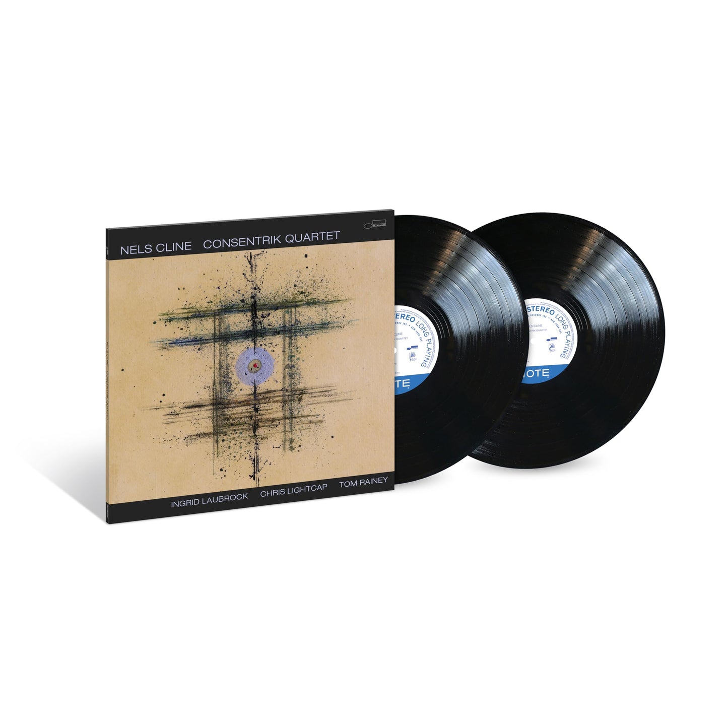 Nels Cline’s “Consentrik Quartet” double vinyl record in a beige sleeve.