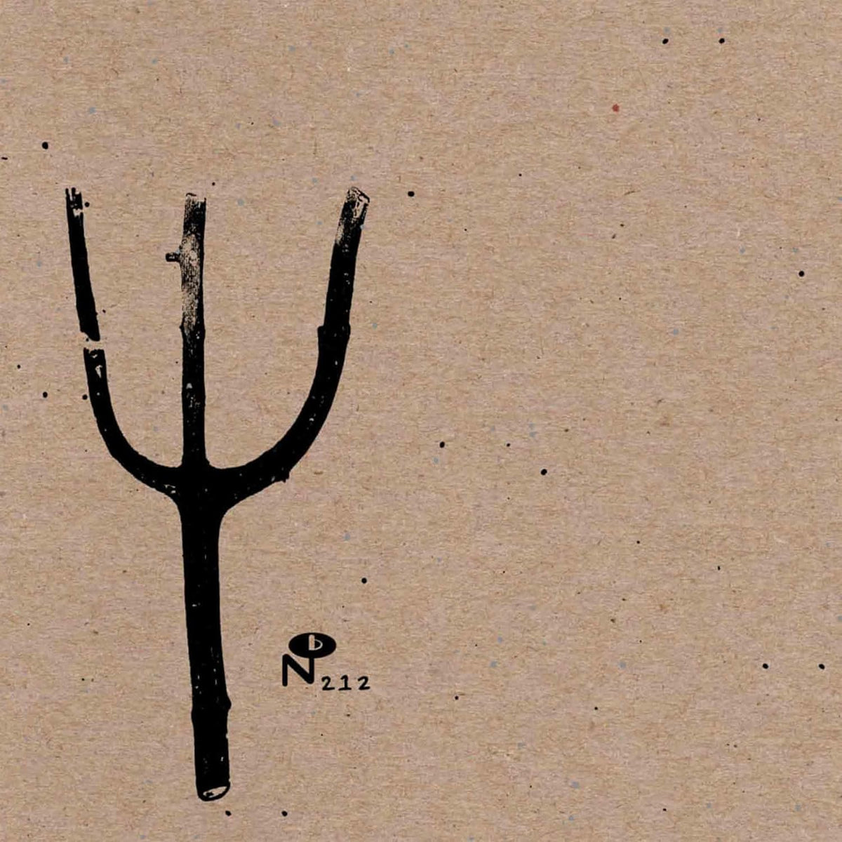 Black trident symbol on a speckled tan background with small text.