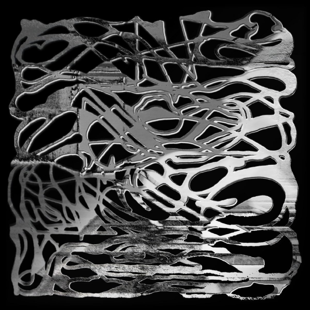 Abstract black and white design resembling tangled, organic shapes.