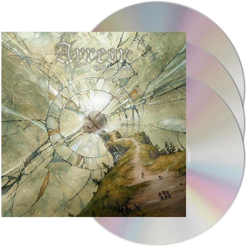 Ayreon album cover with cracked earth and distant figures, plus a CD.
