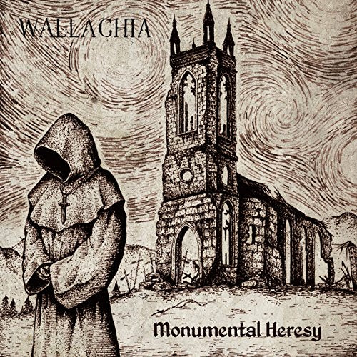 Sketch of hooded figure and gothic church against swirling, textured background.