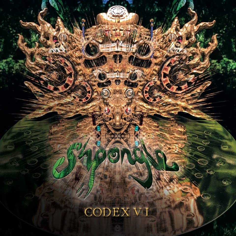 Intricate gold and green album art for Shpongle’s “Codex VI.”