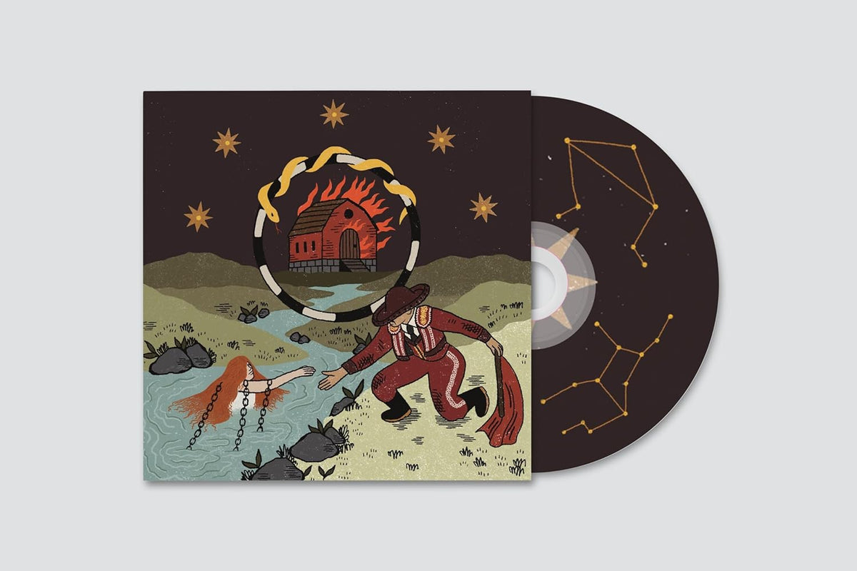 CD case and disc with illustrated scene of a house and figures.