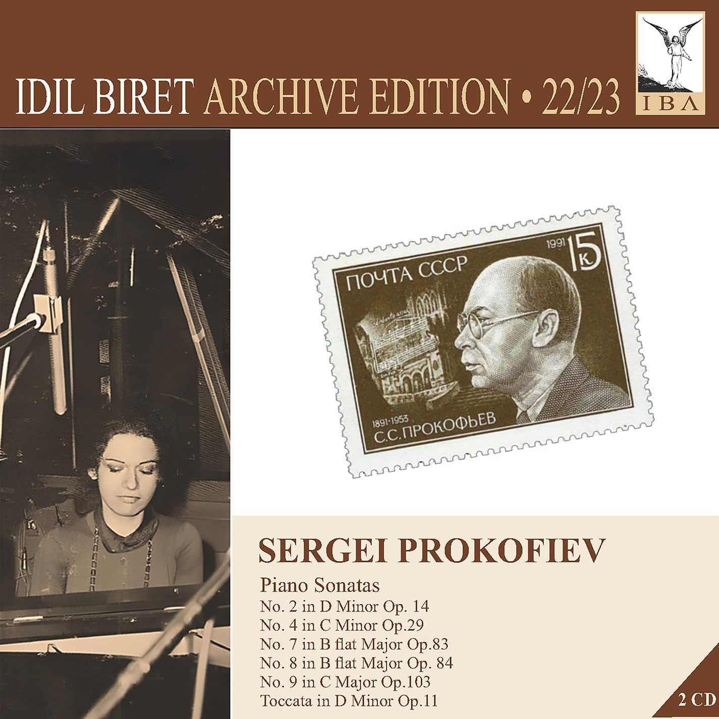 CD cover featuring pianist Idil Biret and a Prokofiev stamp.