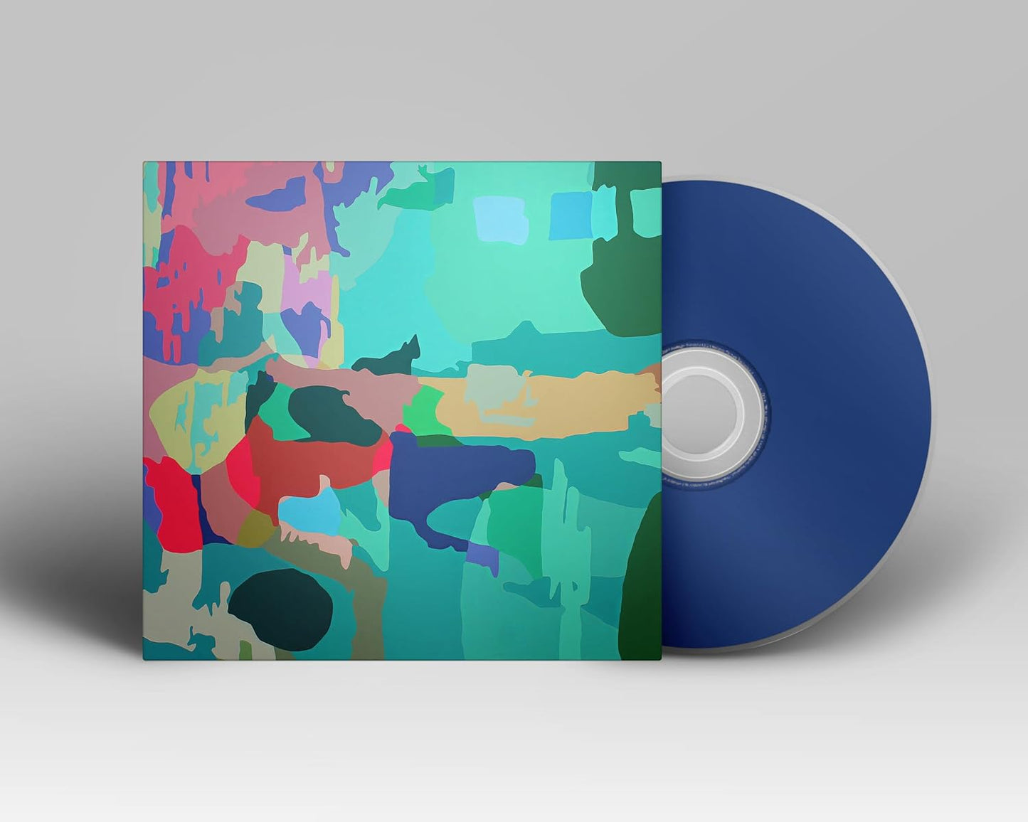 CD case with abstract colorful paint splatters and a blue disc.