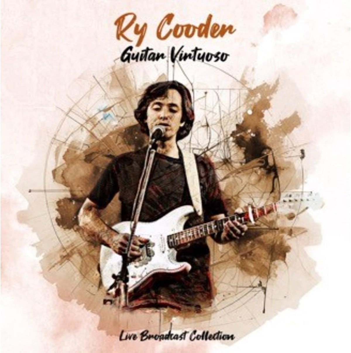 Ry Cooder playing a white electric guitar, watercolor-style album cover.