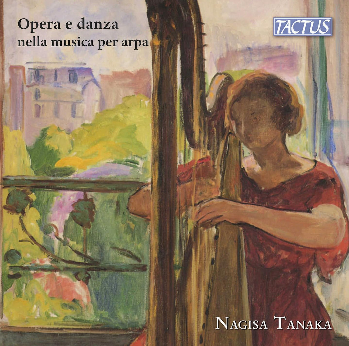 CD cover featuring a harpist with a painted landscape background.