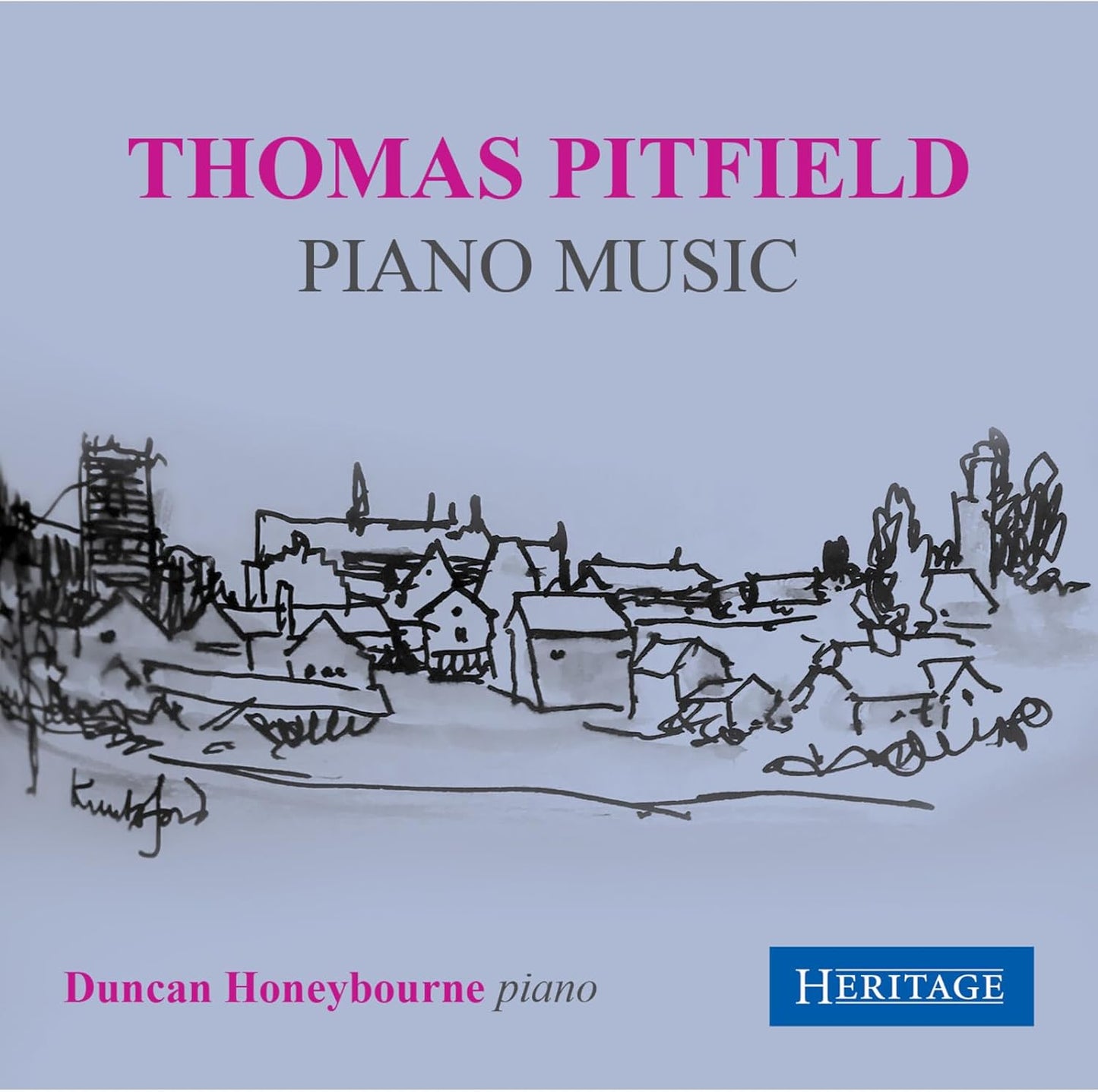 CD cover for Thomas Pitfield’s piano music with a village sketch.