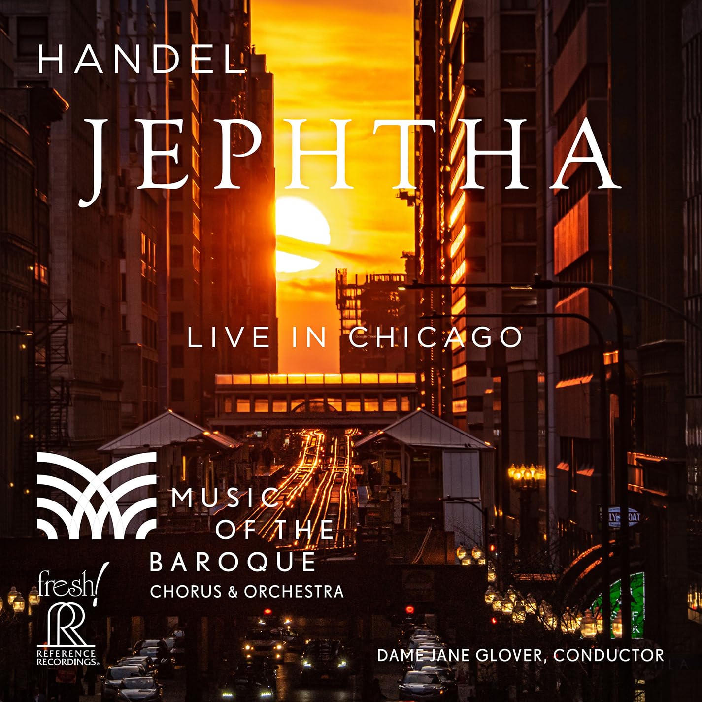 CD cover for Handel’s “Jephtha” with a Chicago skyline at sunset.