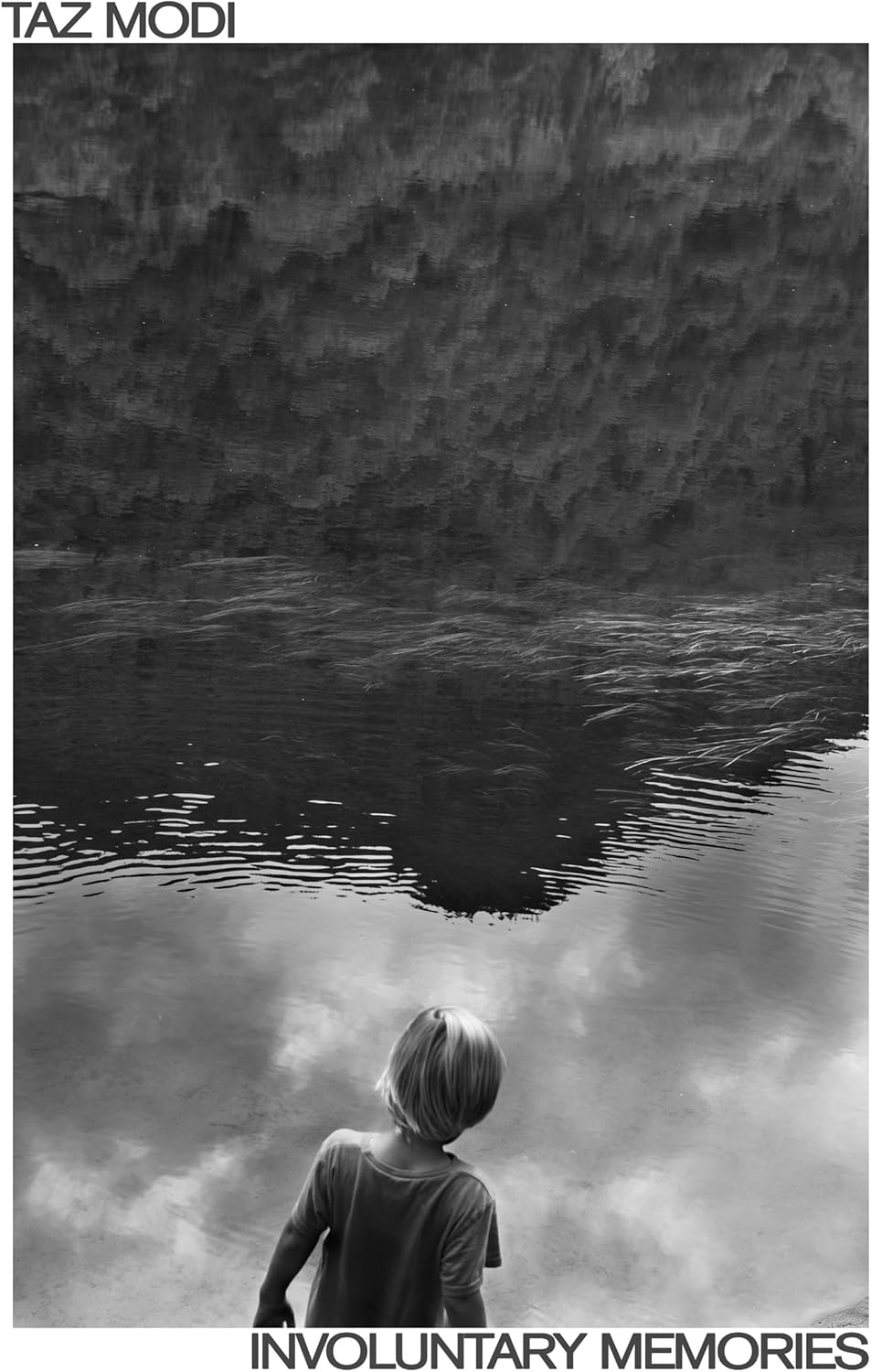 Album cover: child looking at water reflection under cloudy sky.