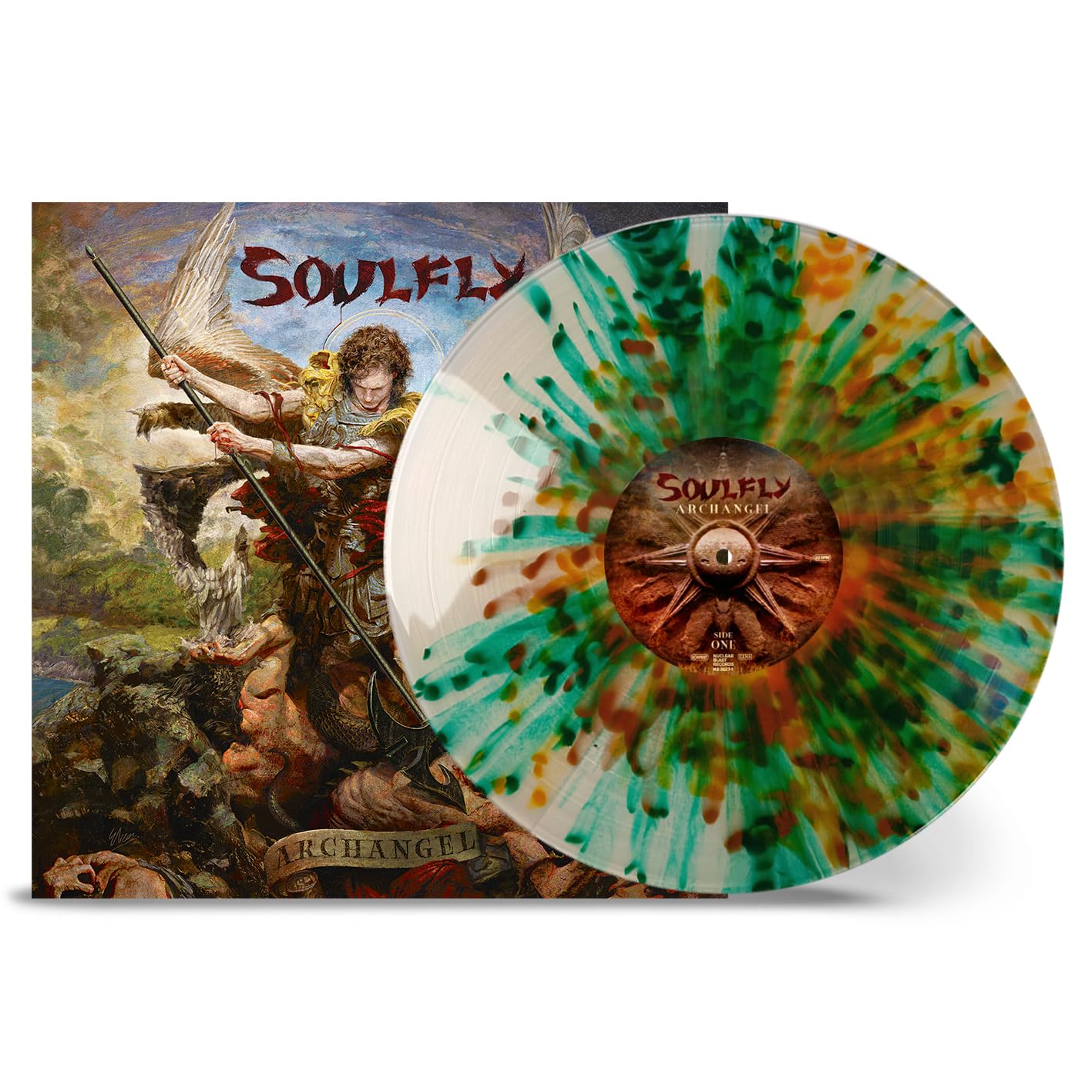 Soulfly "Archangel" vinyl record with colorful swirl pattern and album art.