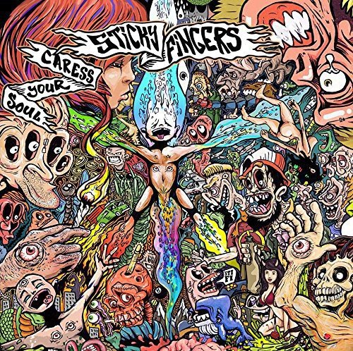 Psychedelic album cover with distorted figures and bold, colorful illustration.