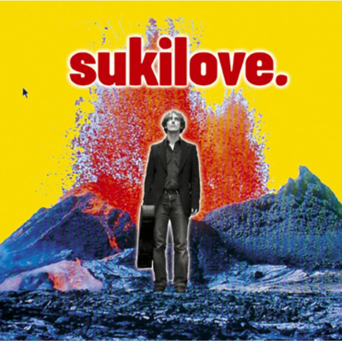 Album cover: man with guitar before a volcanic, colorful landscape.