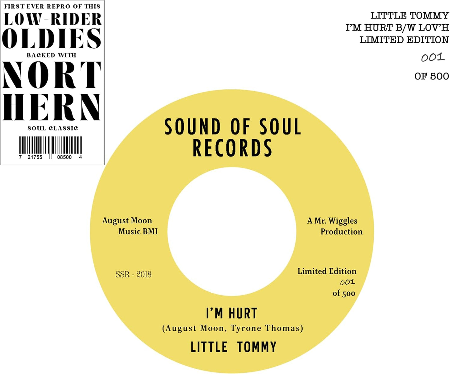 Yellow vinyl record label with black text: "Little Tommy - I'm Hurt.