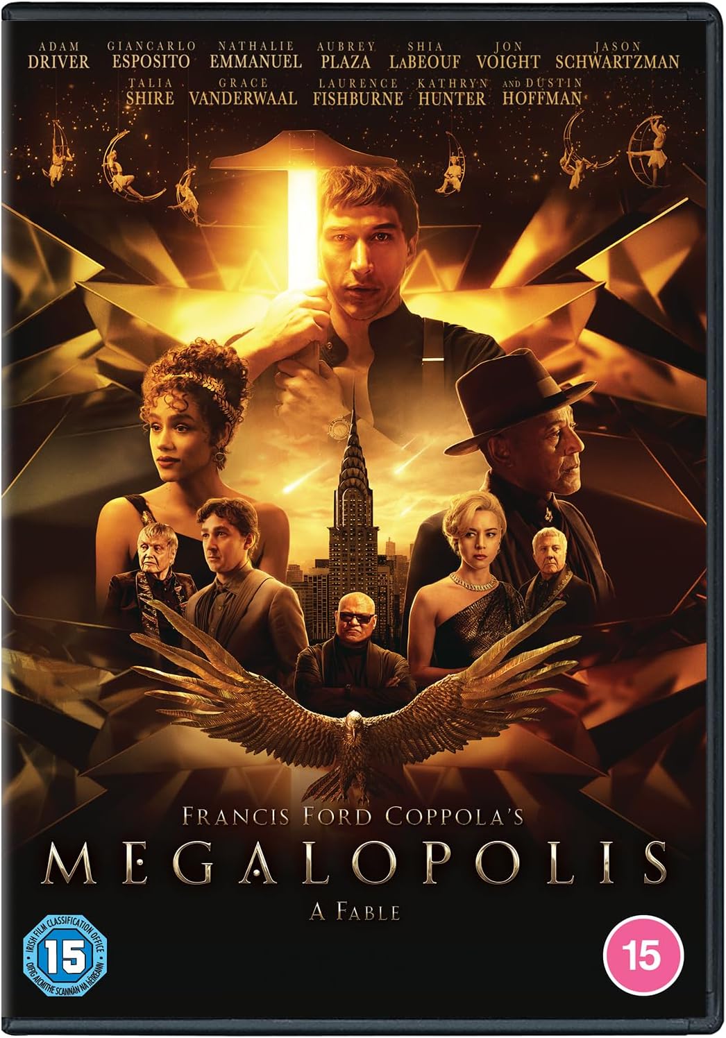 Megalopolis" DVD cover featuring Adam Driver and ensemble cast in a dystopian cityscape.
