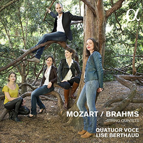 Five musicians amongst trees on CD cover for Mozart/Brahms quintets.