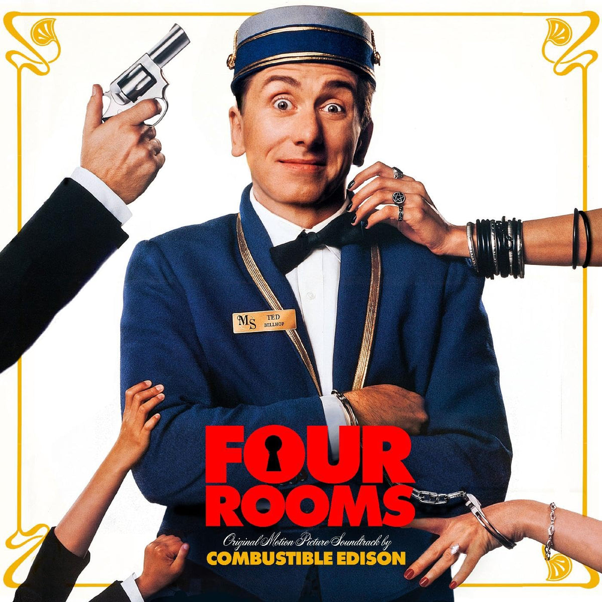 “Four Rooms” soundtrack vinyl cover featuring a bellhop surrounded by hands and objects.