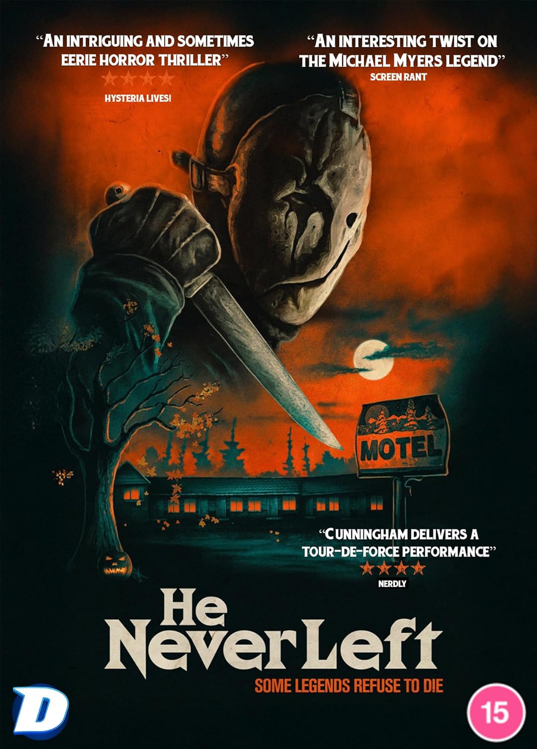 DVD case for “He Never Left” with dark, moody cover art; barcode visible.